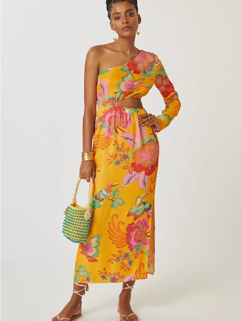 $230 FARM Rio Yellow One-Shoulder Floral Cutout Maxi Dress Small Petite SP